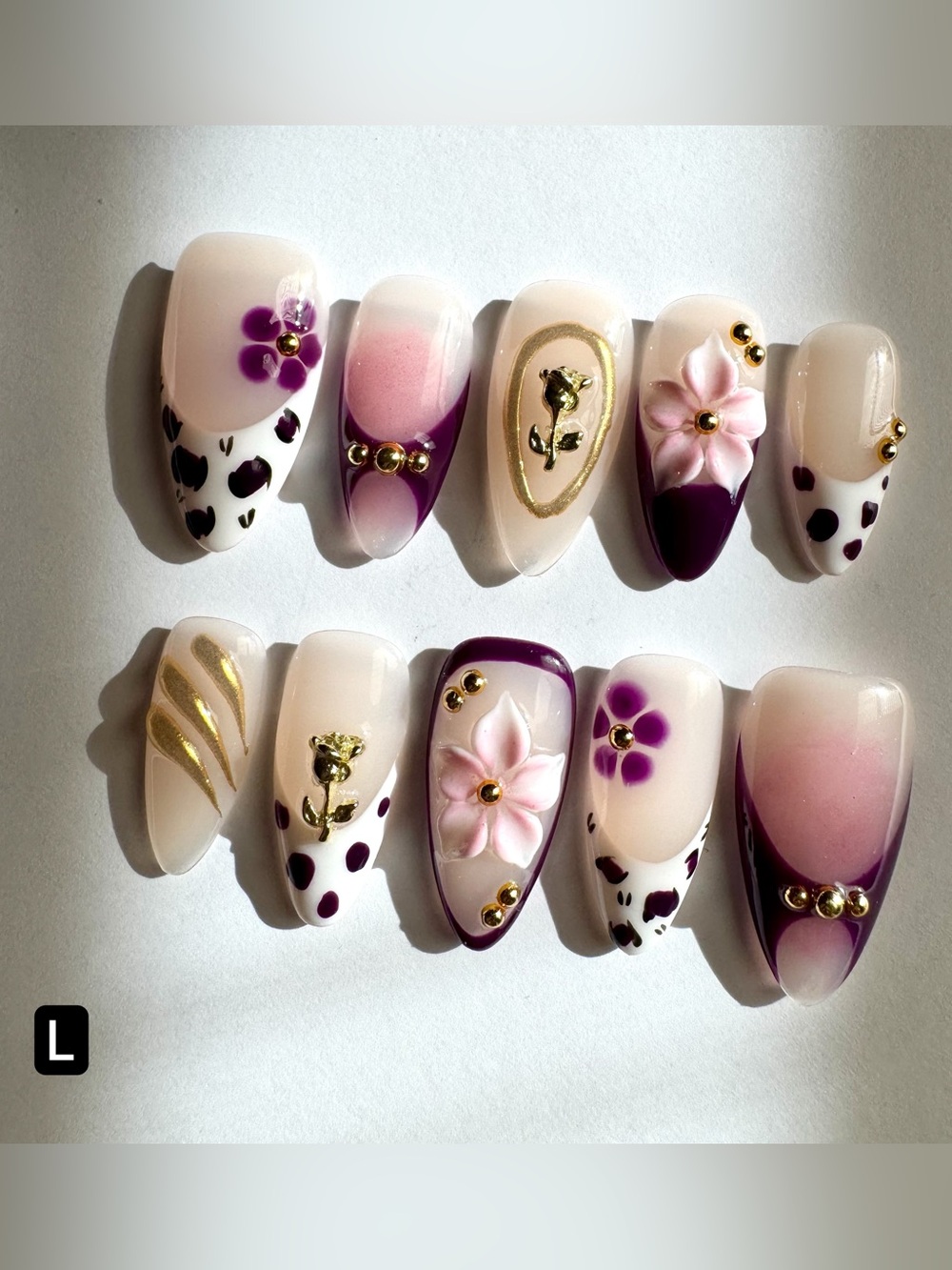 3D Floral Animal Print Purple Accent Press On Nails
